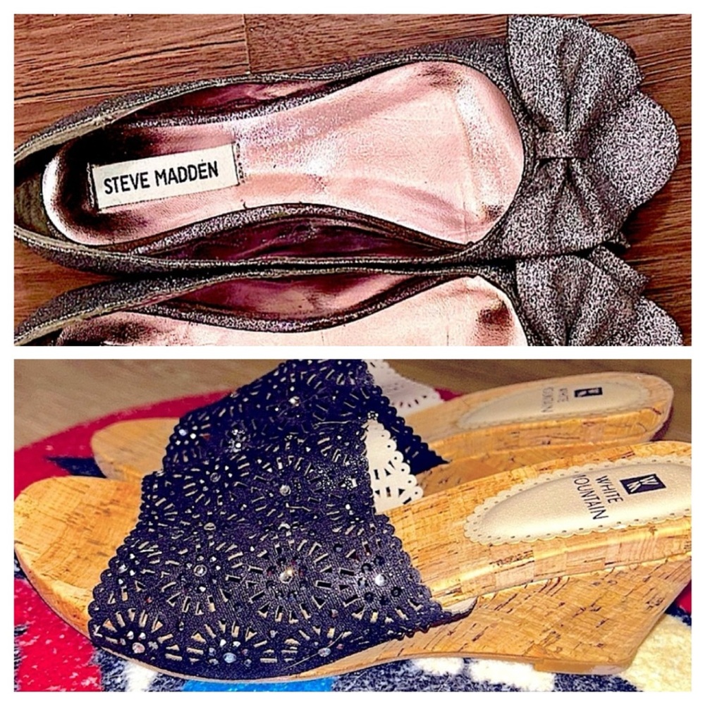 2 Pairs Size 7.5  Shoes for $16 Steve Madden Silver Flats White Mountain Slides